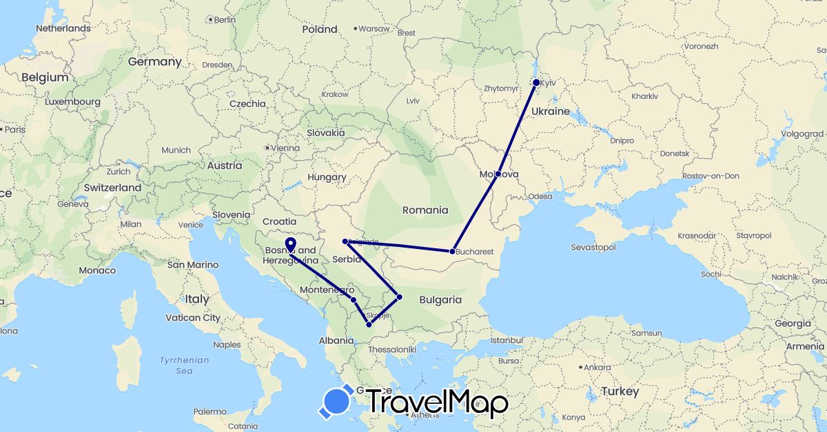 TravelMap itinerary: driving in Bosnia and Herzegovina, Bulgaria, Moldova, Macedonia, Romania, Serbia, Ukraine, Kosovo (Europe)